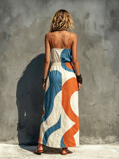 Geometric Tie Waist Maxi Dress