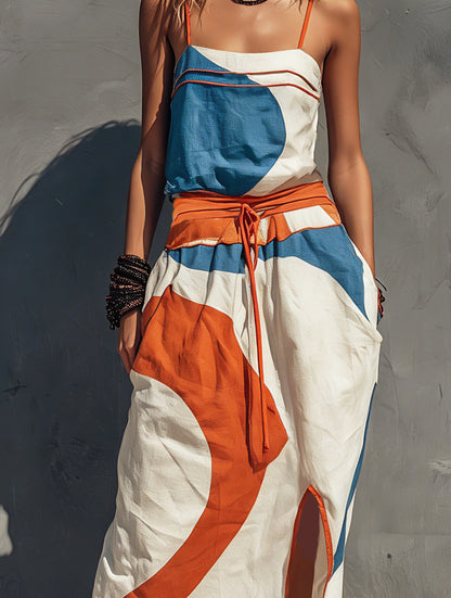 Geometric Tie Waist Maxi Dress