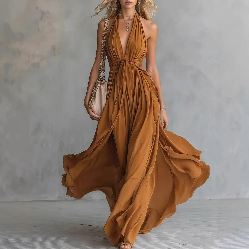 Chiffon Halter Plunging V-Neck Pleated Ruched Flowy Floor-Length Maxi Dress