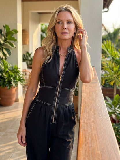Halter Contrast Stitch Wide Leg Jumpsuit