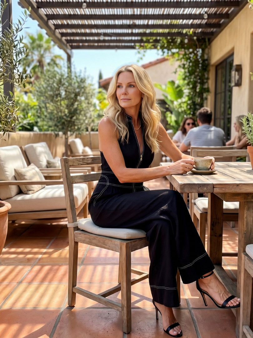 Halter Contrast Stitch Wide Leg Jumpsuit