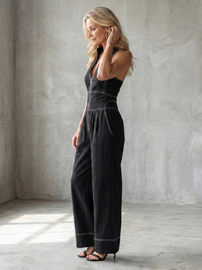 Halter Contrast Stitch Wide Leg Jumpsuit