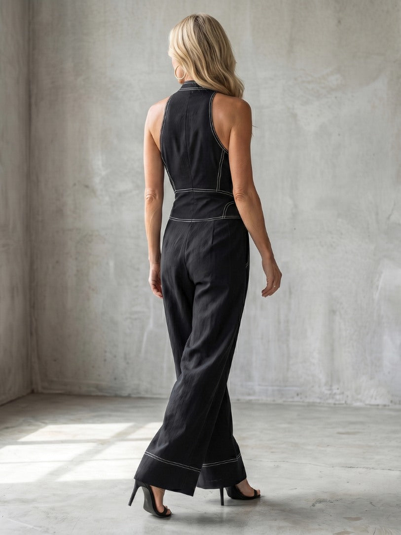 Halter Contrast Stitch Wide Leg Jumpsuit
