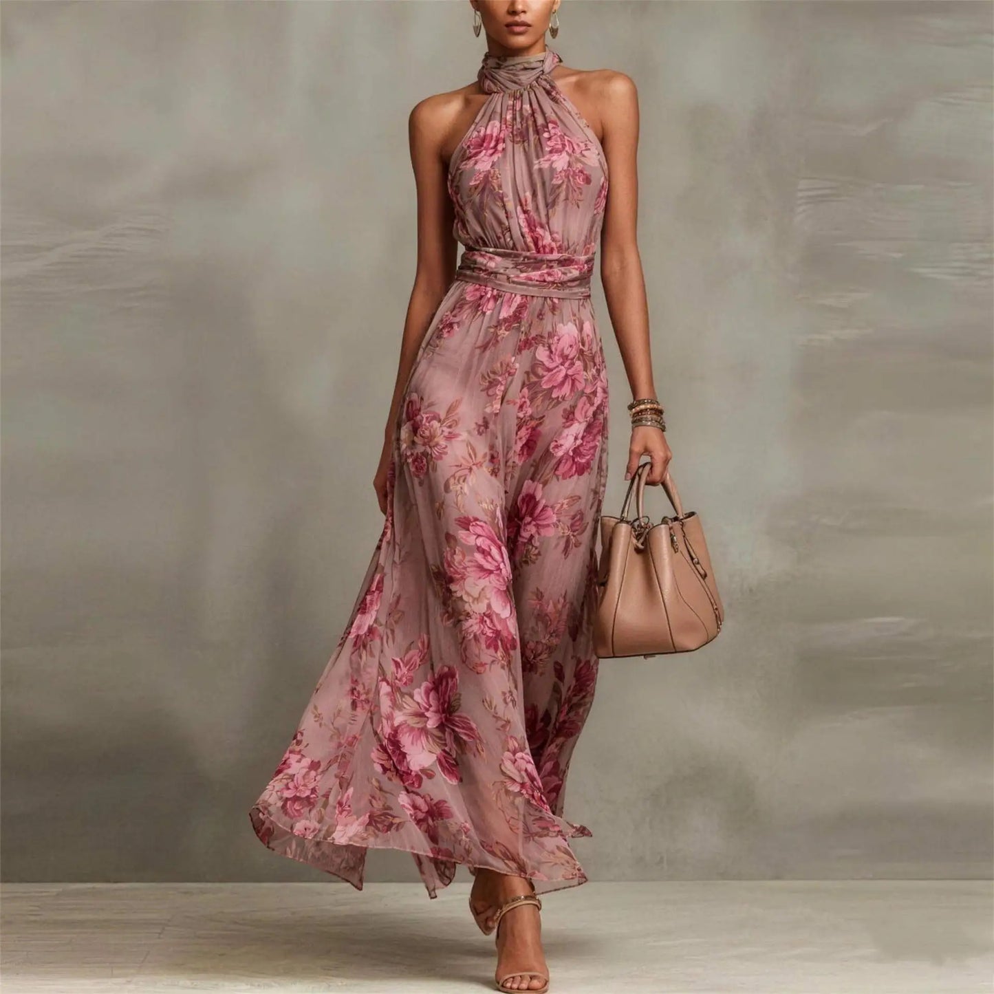 Pink - A woman wearing a sage green and dusty pink watercolor floral print chiffon maxi dress with a high halter neck, ruched waist, and flowy floor-length skirt.