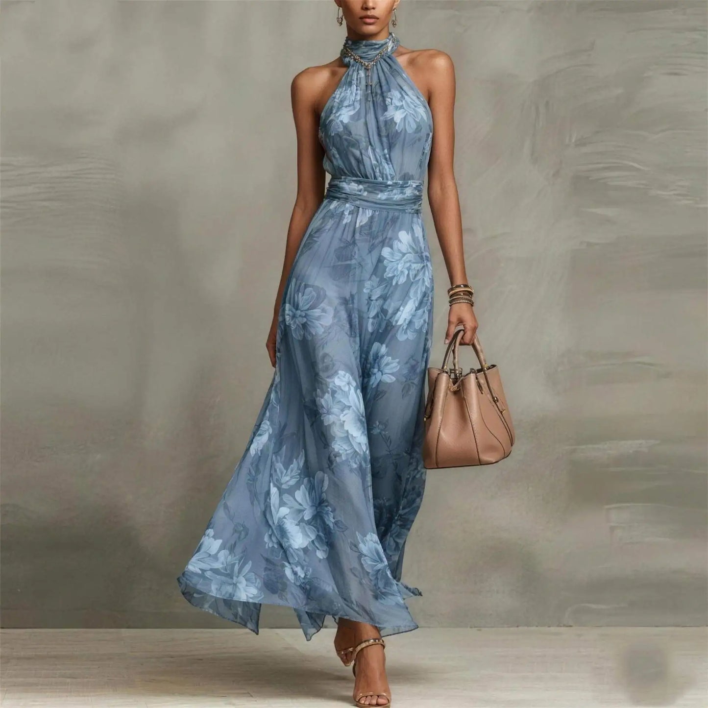Blue - A woman wearing a sage green and dusty pink watercolor floral print chiffon maxi dress with a high halter neck, ruched waist, and flowy floor-length skirt.