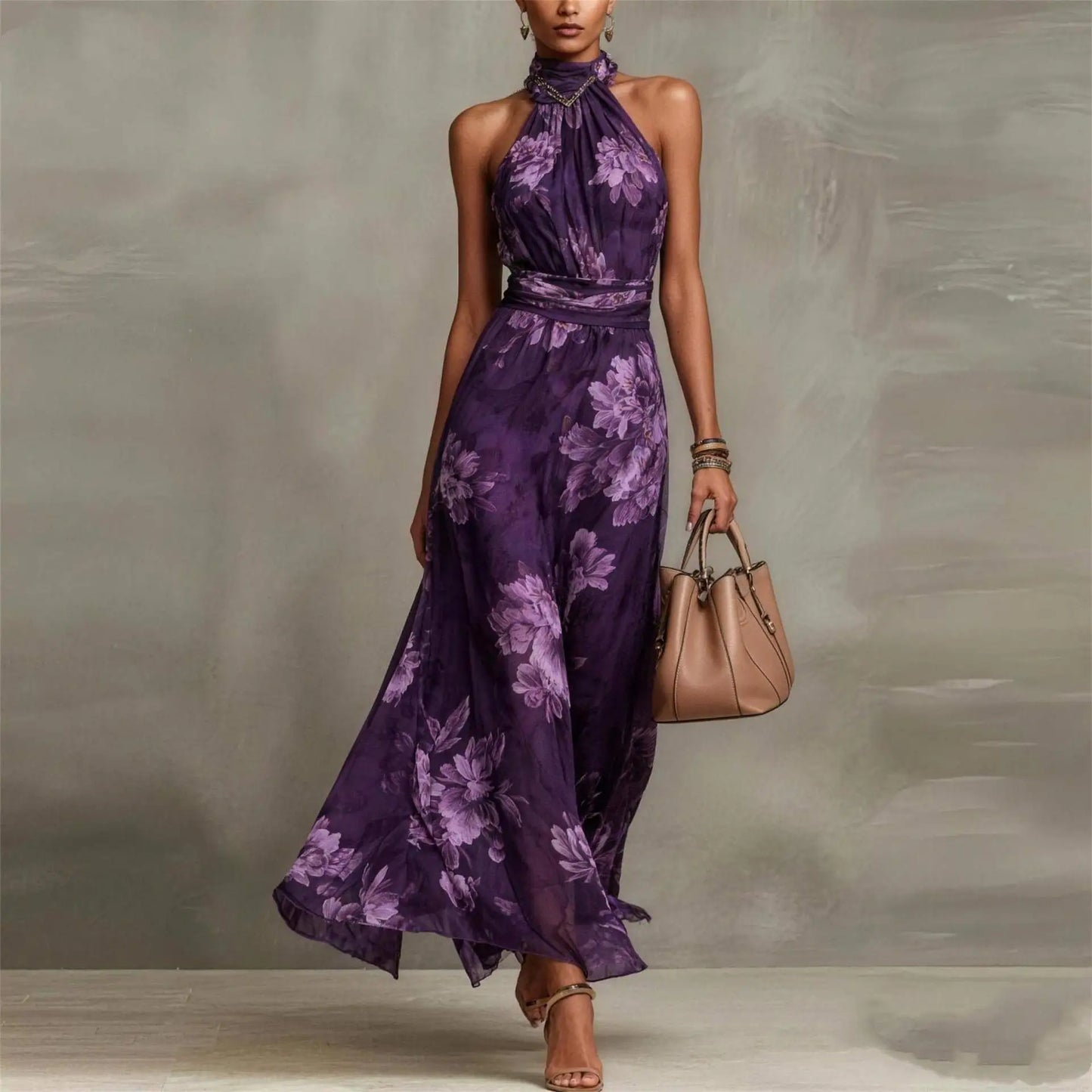 Purple - A woman wearing a sage green and dusty pink watercolor floral print chiffon maxi dress with a high halter neck, ruched waist, and flowy floor-length skirt.