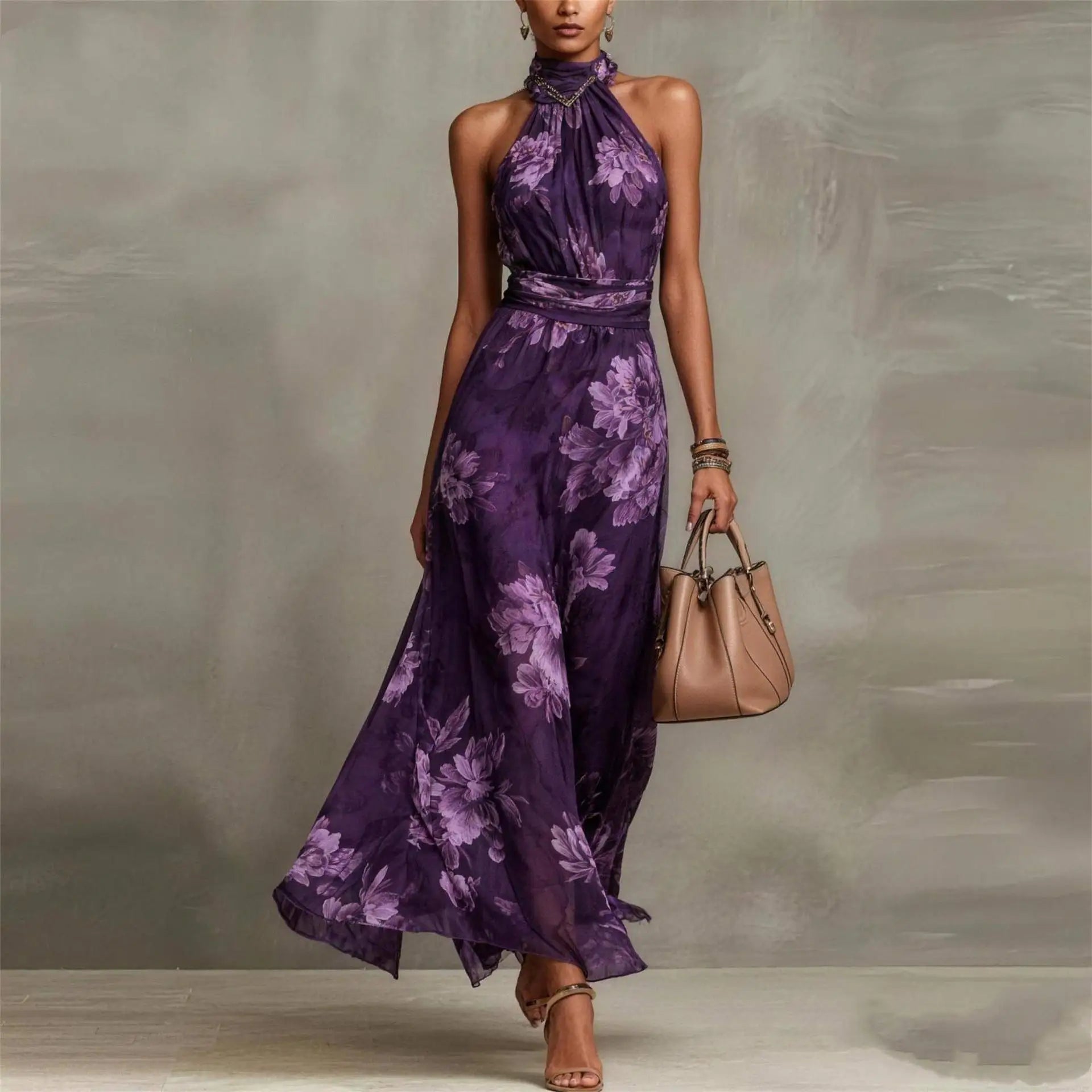 Purple - A woman wearing a sage green and dusty pink watercolor floral print chiffon maxi dress with a high halter neck, ruched waist, and flowy floor-length skirt.