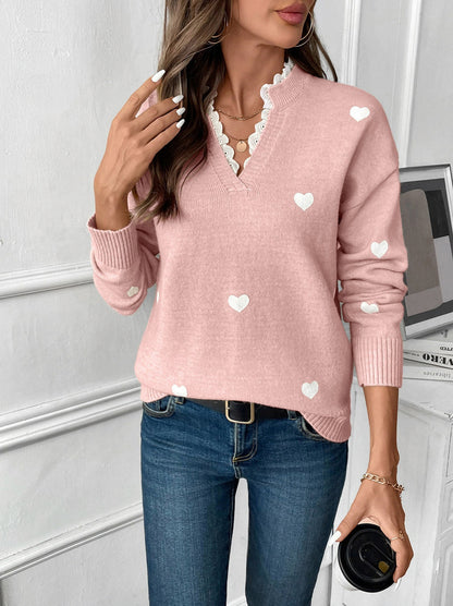 Heart Print Lace Trim Knit Sweater