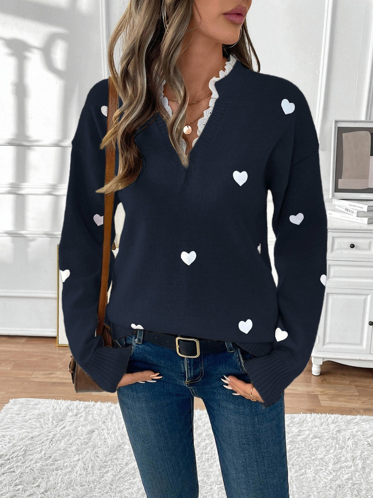 Heart Print Lace Trim Knit Sweater
