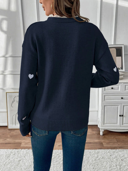 Heart Print Lace Trim Knit Sweater