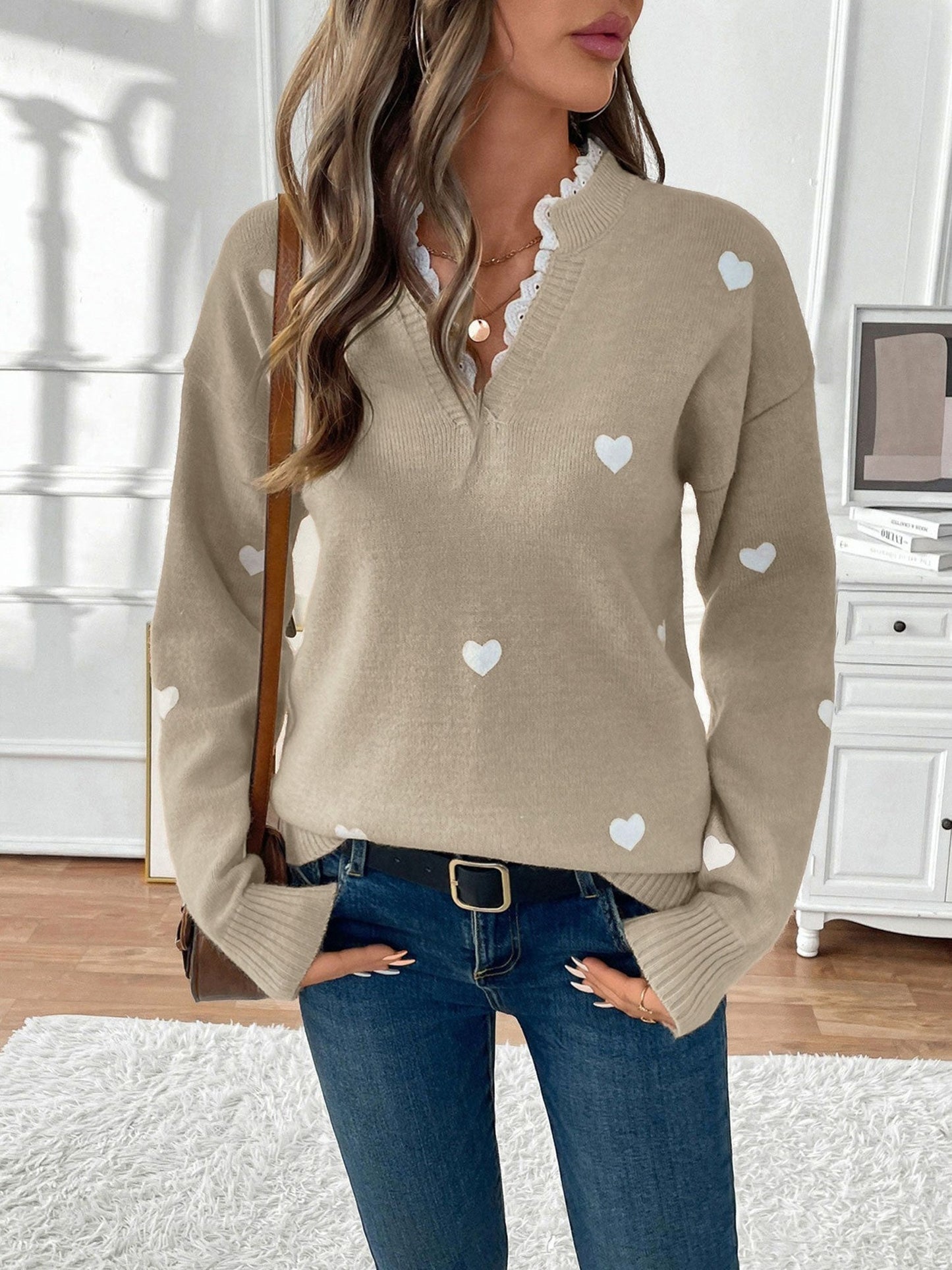 Heart Print Lace Trim Knit Sweater