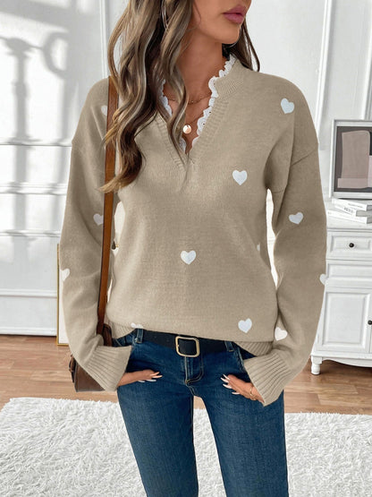 Heart Print Lace Trim Knit Sweater