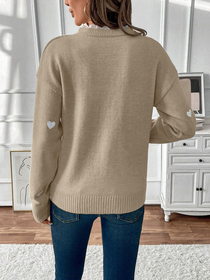 Heart Print Lace Trim Knit Sweater