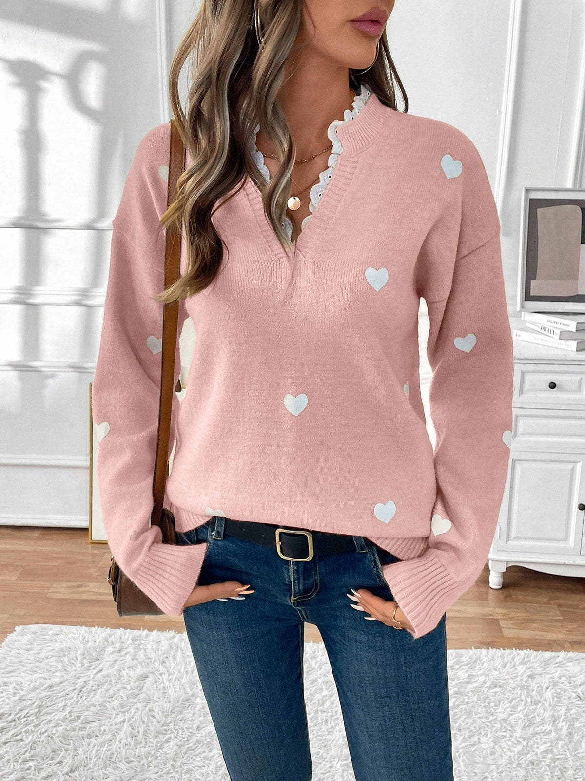 Heart Print Lace Trim Knit Sweater