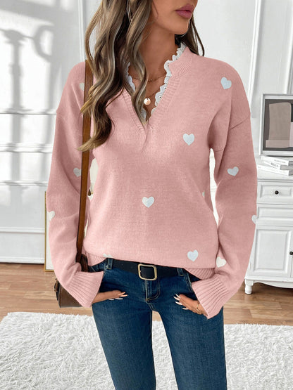 Heart Print Lace Trim Knit Sweater