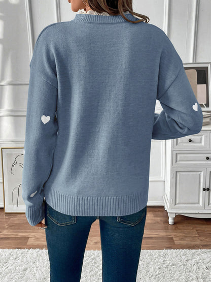 Heart Print Lace Trim Knit Sweater