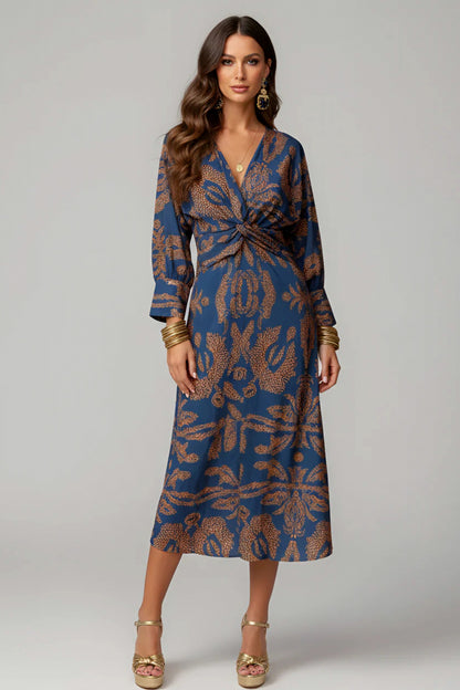 Damask Twist Front Midi Dress
