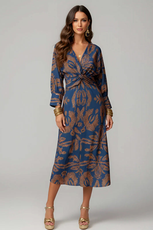Damask Twist Front Midi Dress