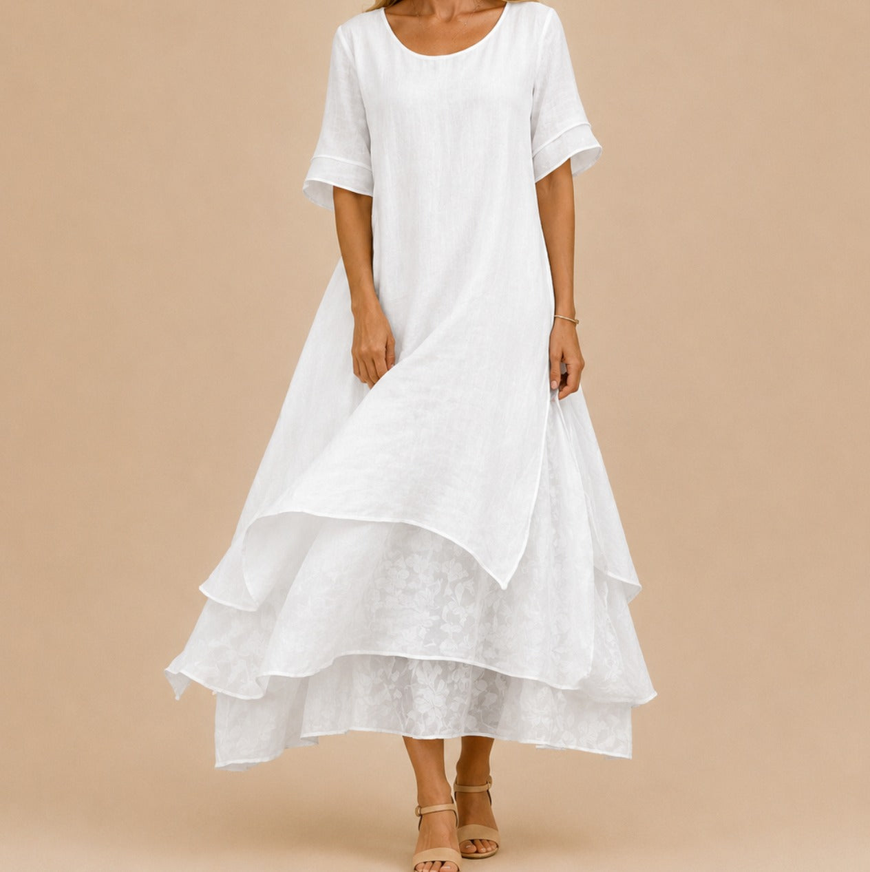 Short Sleeve Tiered Linen Maxi Dress