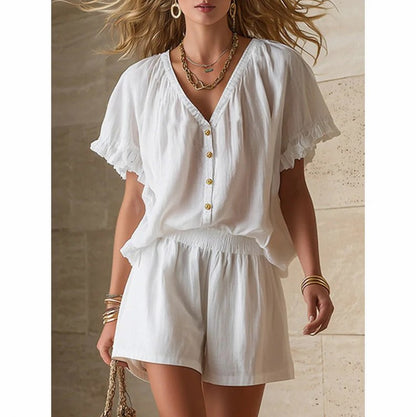 Gauze Button Front Shorts Set