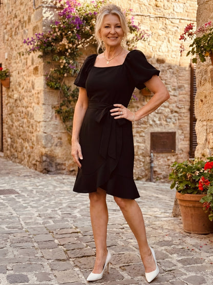 Square Neck Puff Sleeve Wrap Dress