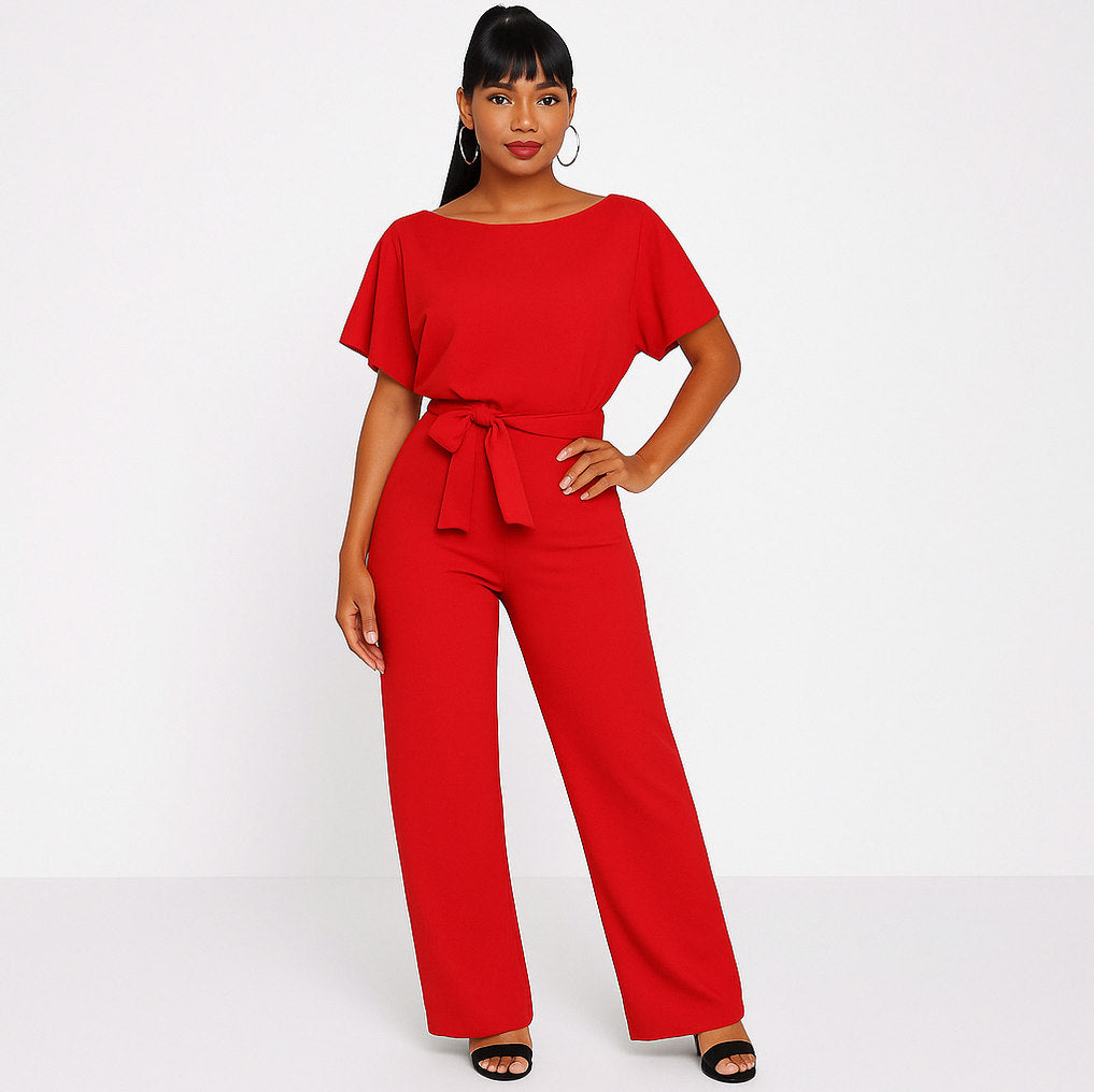 Short Sleeve Tie Waist Jumpsuit