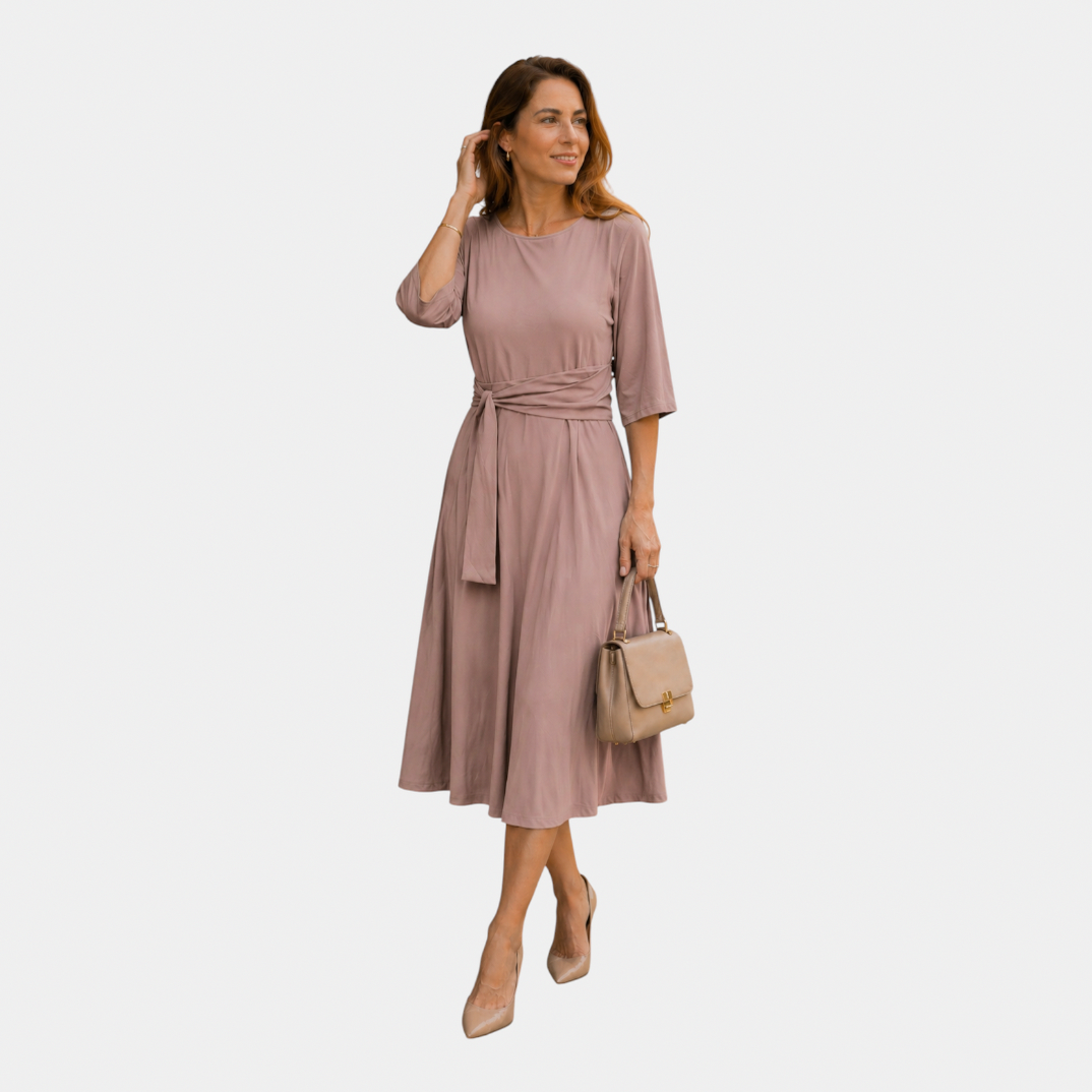 3/4 Sleeve Tie Waist Midi Dress