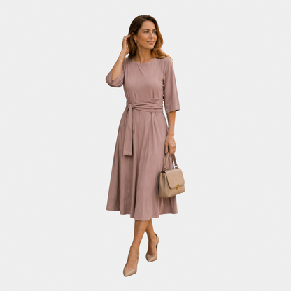 3/4 Sleeve Tie Waist Midi Dress