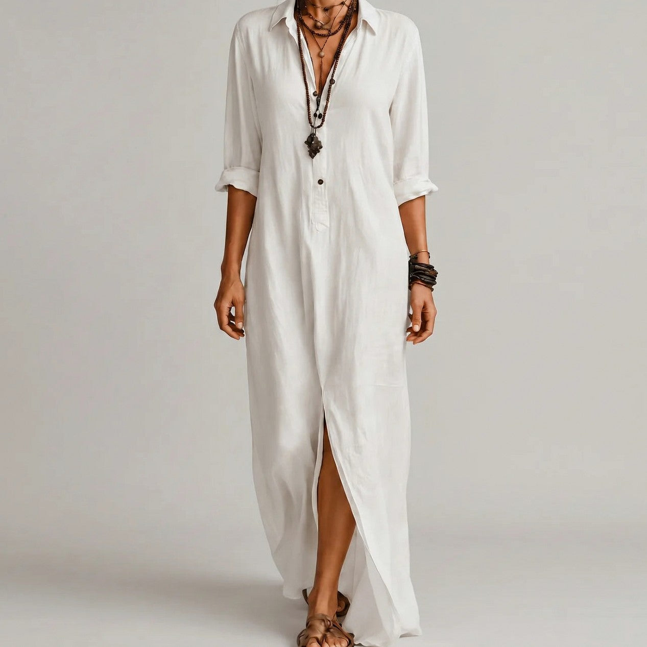 Relaxed Button Front Maxi Shirt Dress