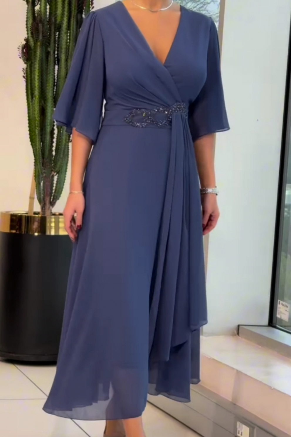 Chiffon Draped Wrap Midi Dress