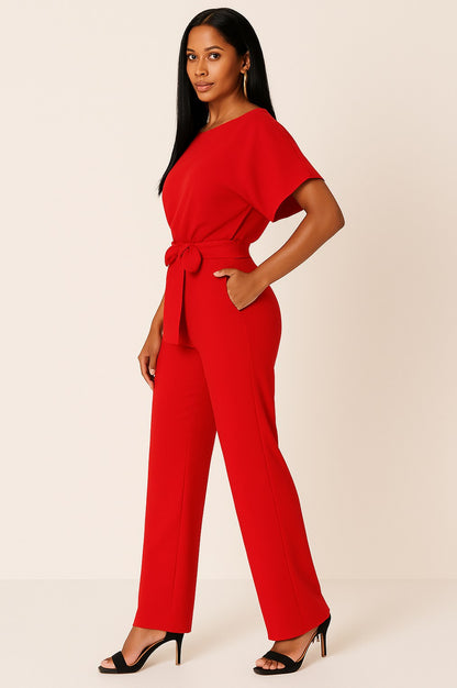 Short Sleeve Tie Waist Jumpsuit