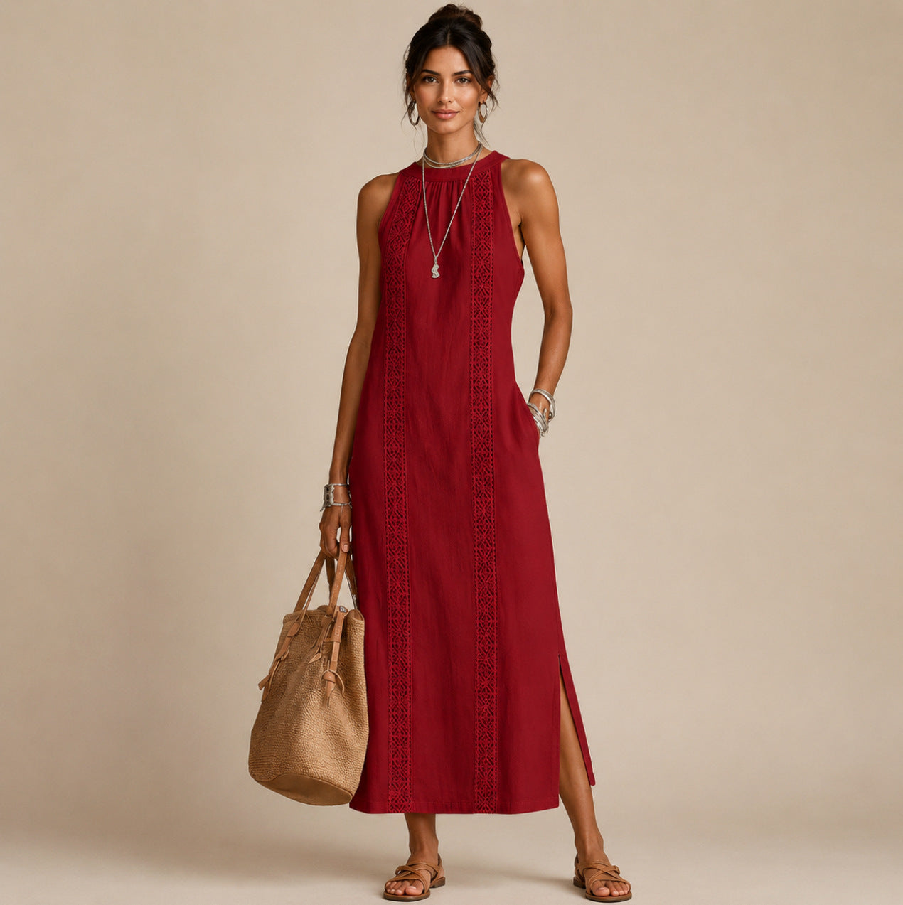 Linen Halter Crochet Maxi Sundress