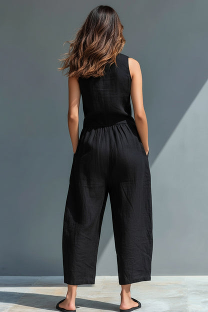 Sleeveless Button Front Wide Leg Jumpsuit
