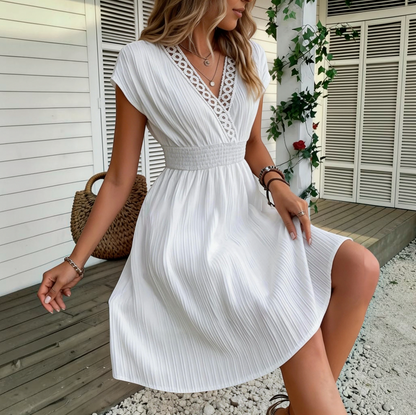 Smocked Crochet Trim Mini Dress