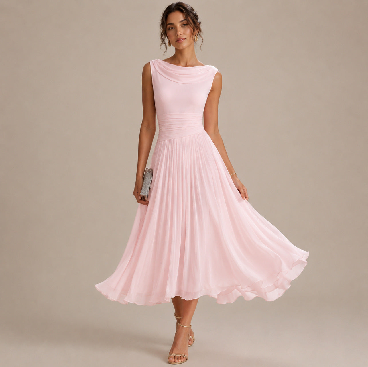 Chiffon Cowl Midi Dress