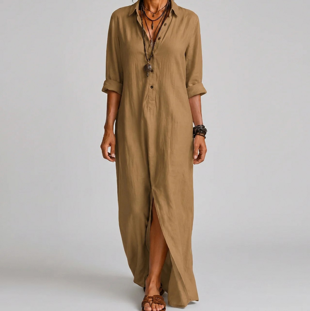 Relaxed Button Front Maxi Shirt Dress
