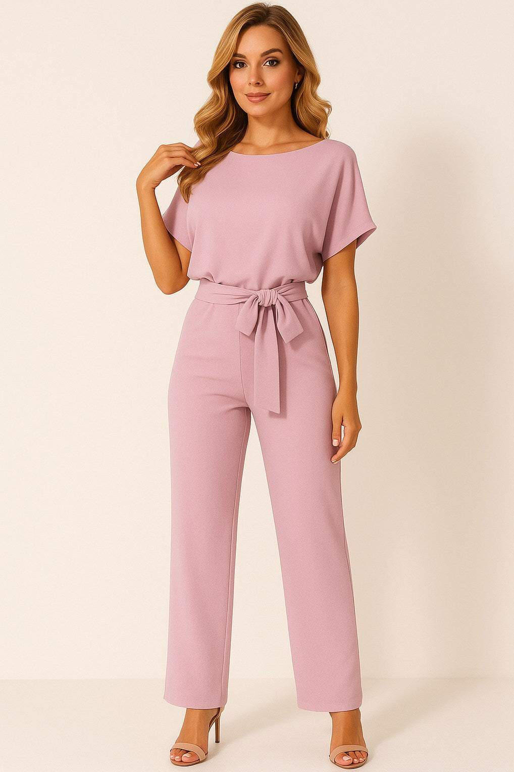 Short Sleeve Tie Waist Jumpsuit
