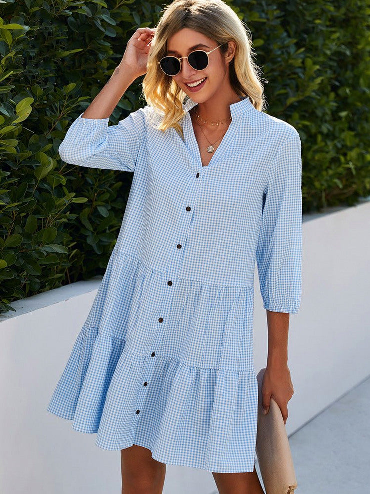 Gingham Tiered Button Front Dress