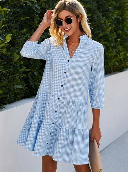 Gingham Tiered Button Front Dress