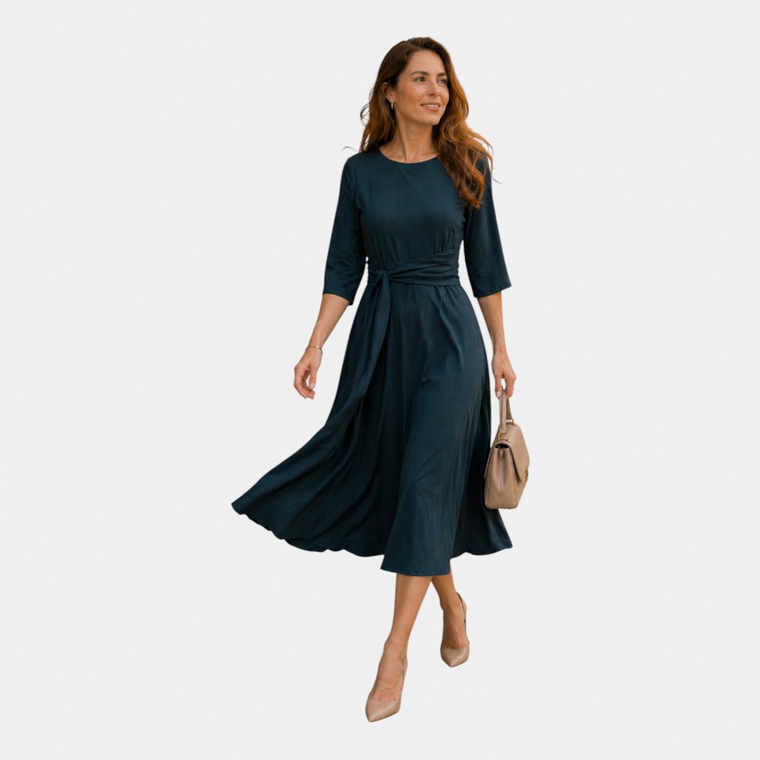 3/4 Sleeve Tie Waist Midi Dress