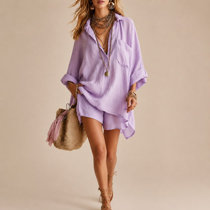 Linen Button Front Shorts Set