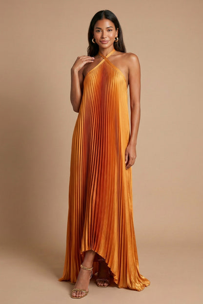Satin Halter Pleated Maxi Dress