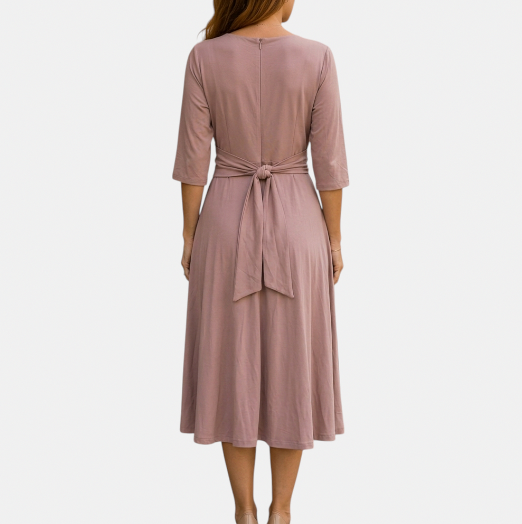 3/4 Sleeve Tie Waist Midi Dress