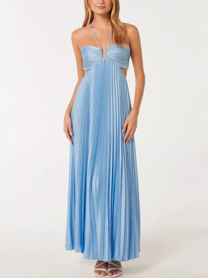 Halter Cutout Pleated Maxi Dress