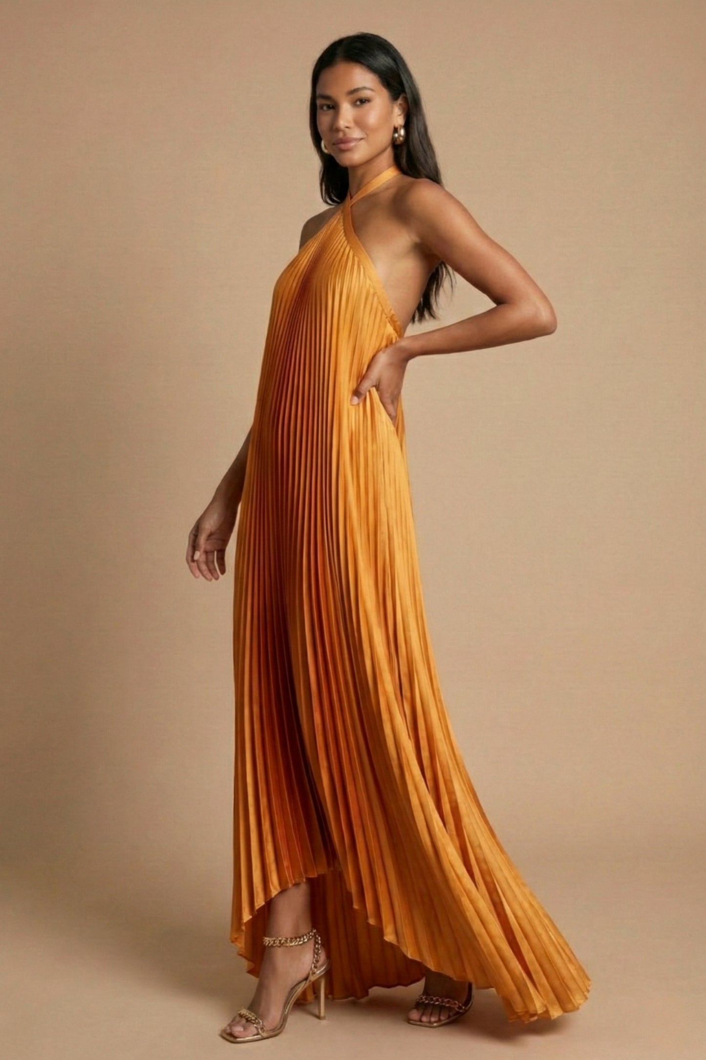 Satin Halter Pleated Maxi Dress