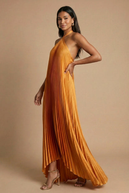 Satin Halter Pleated Maxi Dress