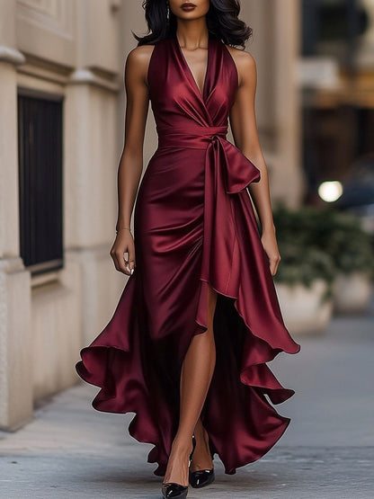Satin Halter Wrap Maxi Dress