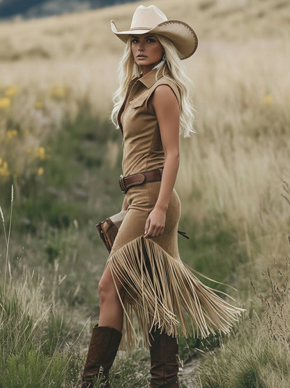 Suede Zip Front Fringe Dress