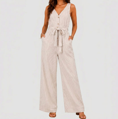 Striped Button Front Tie Jumpsuit