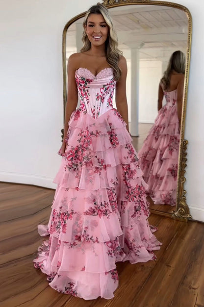 Floral Strapless Tiered Maxi Dress